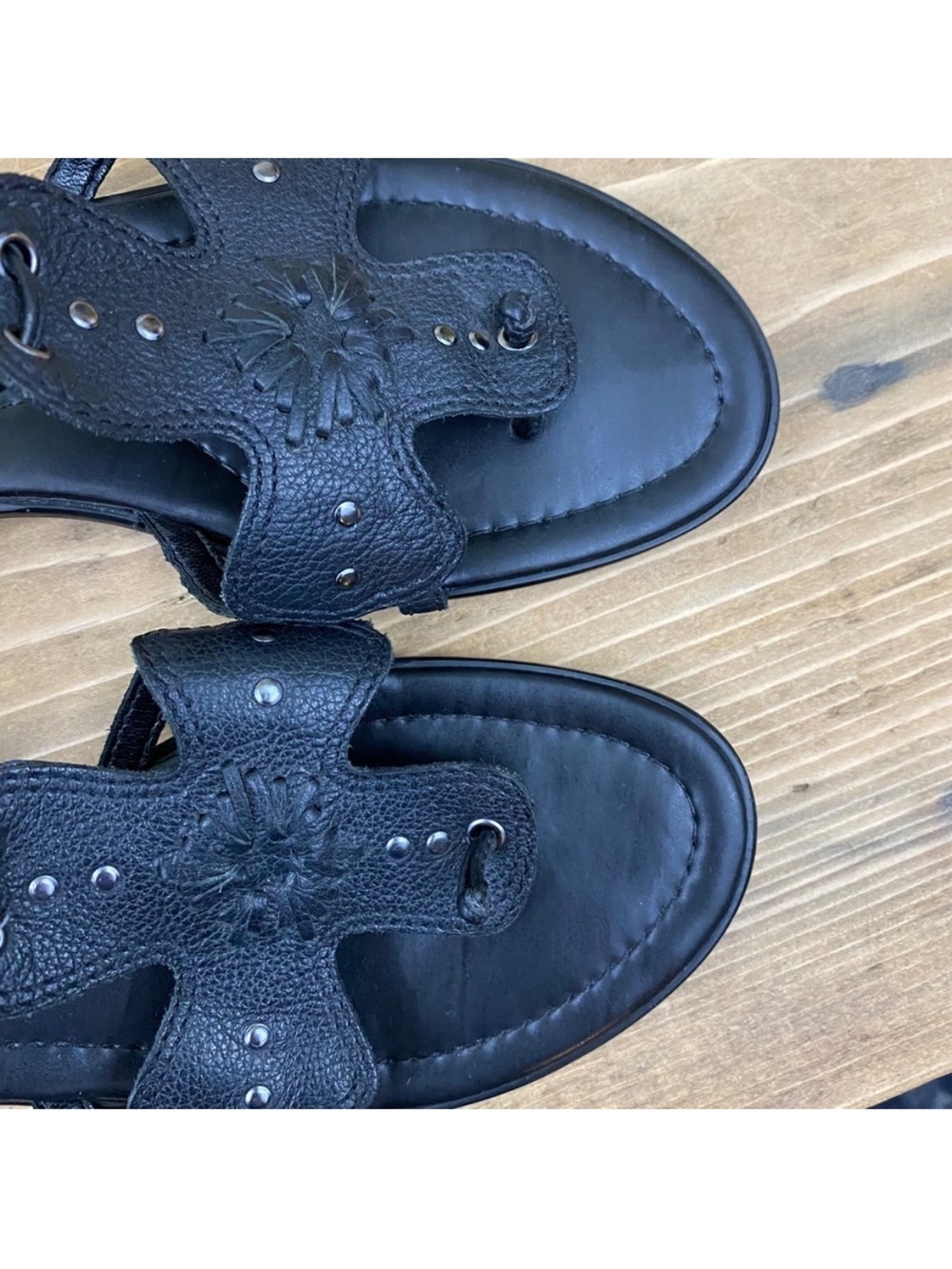 Franco Sarto tie up black leather 3/4 wedge low heel sandals with rivets studs - Picture 6 of 7